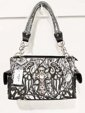 Camouflage Shine Glow Cross Wings Women Conceal Carry Handbag NWT